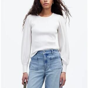 NWT Madewell Ribbed Cotton Puff-Sleeve Long Sleeve Top White Size XXS